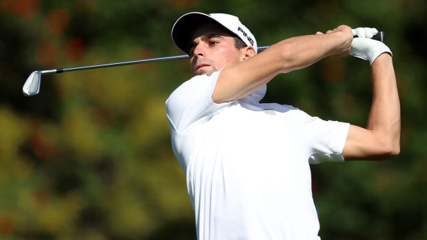Joaquin Niemann of Chile tees off on the fourth hole during the final round of the Genesis Invitational golf tournament at Riviera Country Club, Sunday, Feb. 20, 2022, in the Pacific Palisades area of Los Angeles.